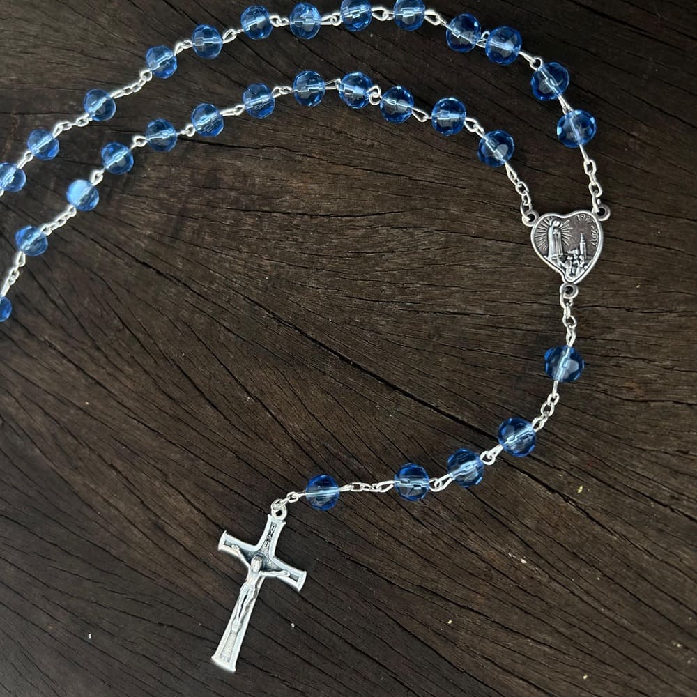Terço Italiano Nossa Senhora de Fátima - Cristais Azuis e Prata