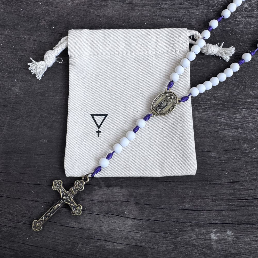 Terço Medalha de Nossa Senhora das Lágrimas - Roxo e branco