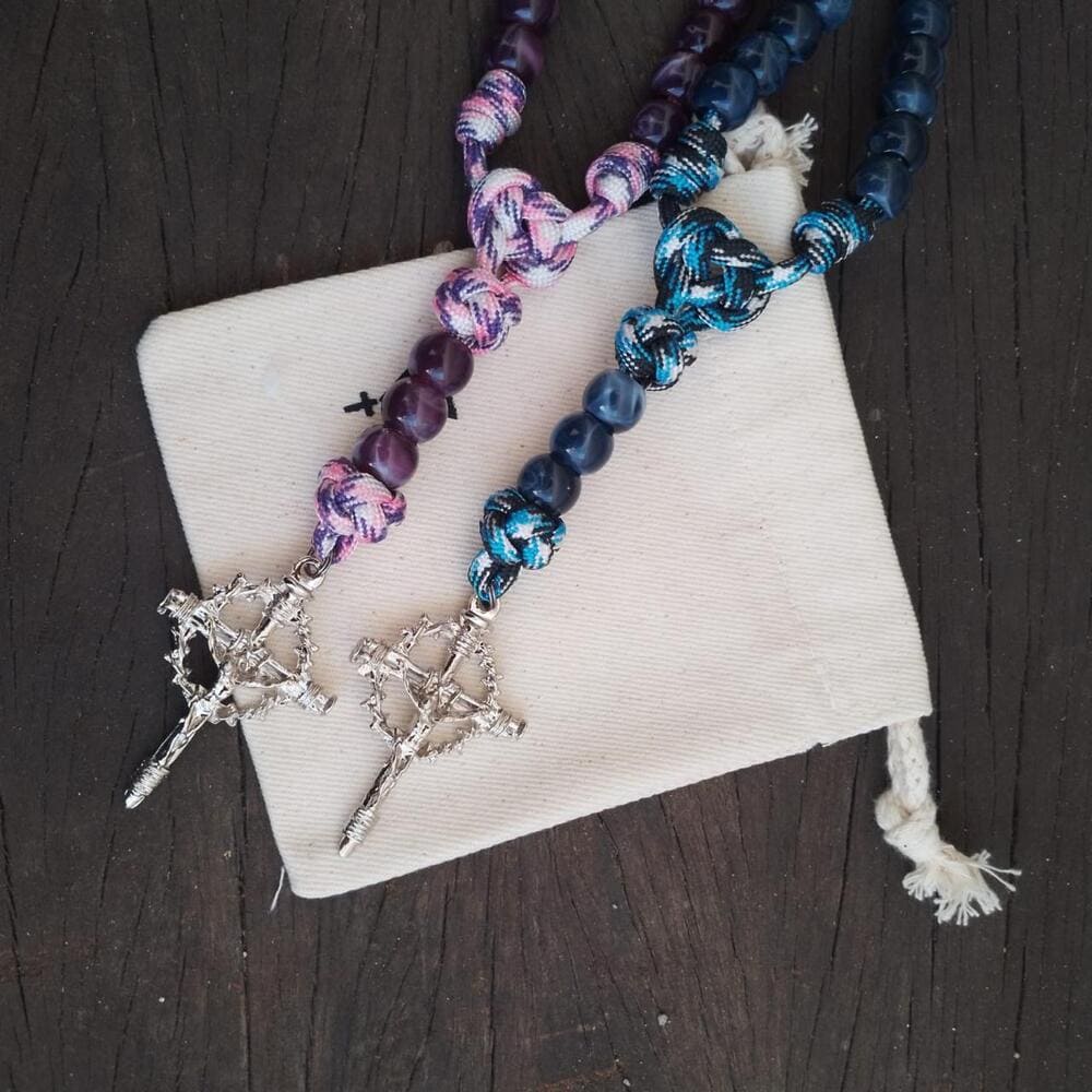 Kit Terços Mistérios em Cruz - Rosa Camuflado e Oceano