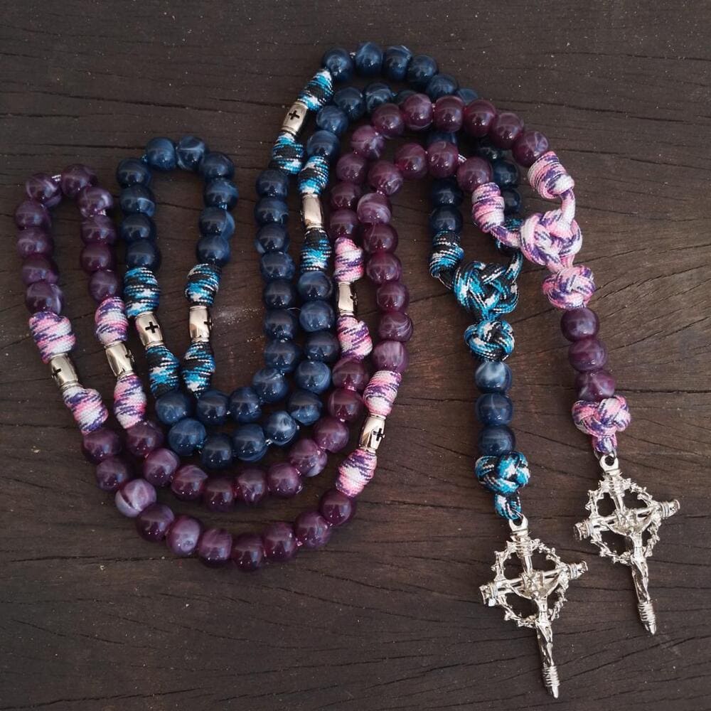 Kit Terços Mistérios em Cruz - Rosa Camuflado e Oceano