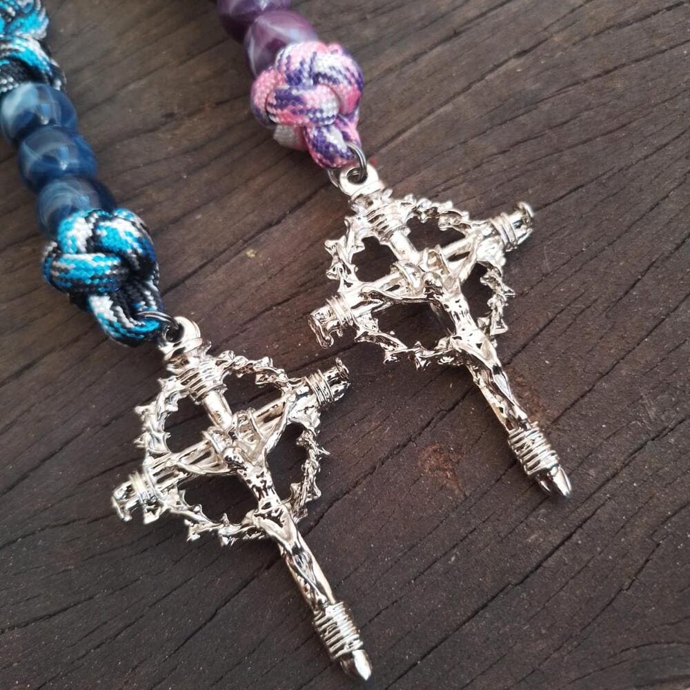 Kit Terços Mistérios em Cruz - Rosa Camuflado e Oceano