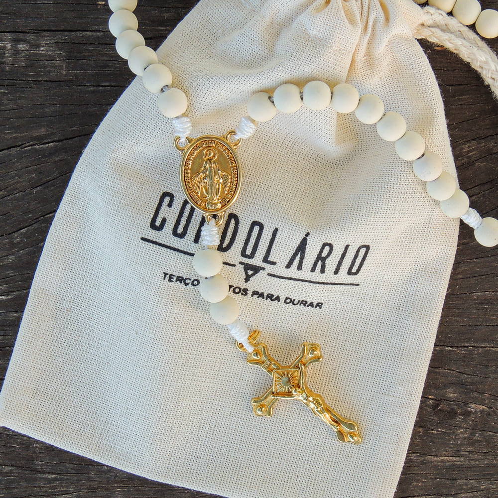 Terço Medalha Milagrosa Agilis 8mm - Branco e Ouro