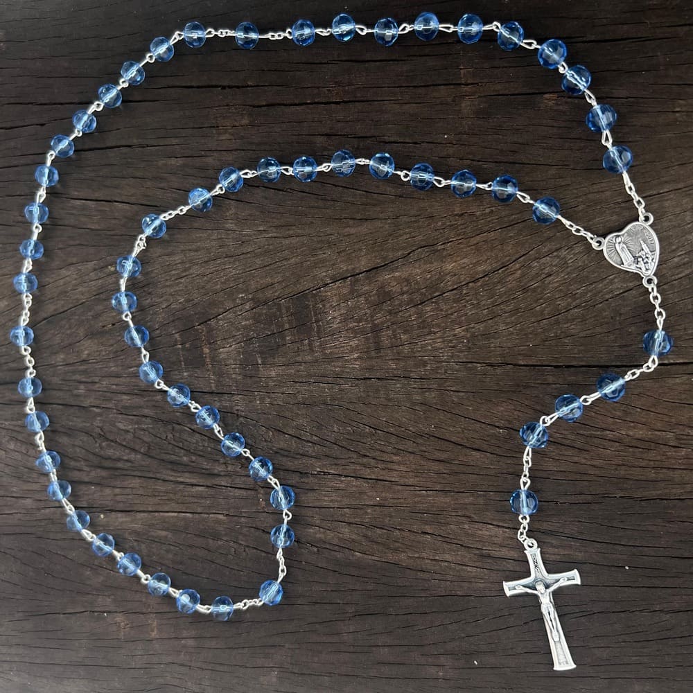 Terço Italiano Nossa Senhora de Fátima - Cristais Azuis e Prata